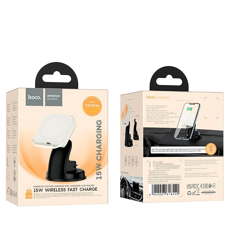 Автотримач Hoco HW18 магнітний з бездротовою зарядкою 15W white