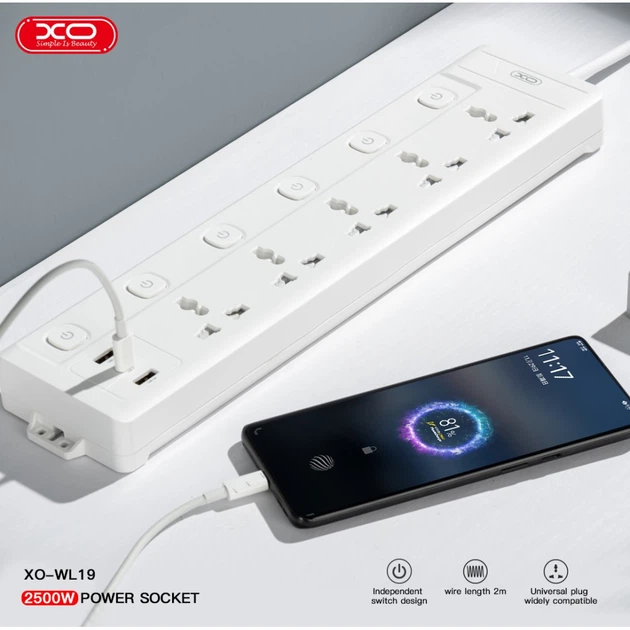 Сітковий підовжувач XO WL19 на 5 розеток+2USB+Type-C 10A/250V 2m (Білий)