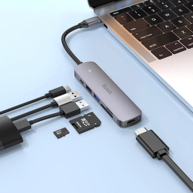 USB Hub Hoco HB24 (HDMI+USB3.0+USB2.0+SD+TF+PD) темно-сріблястий