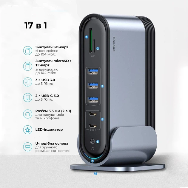 USB Hub Baseus Working Station Three-Screen Multifunctional Type-C (CAHUB-DG0G) Dark Gray