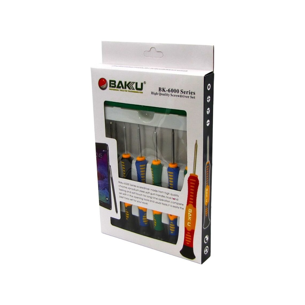 Набір інструментів BAKU BK-6000-E (Відвертки: T2, T5, T6, Y2.0, зірка 0.8, хрест 1.2, 2-стор. пласт. лопатка, скальпель)