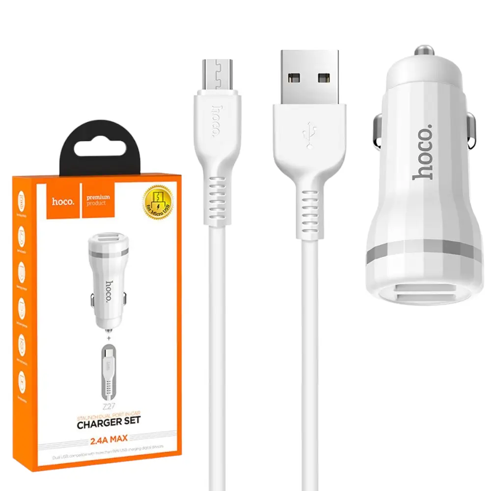 АЗУ 2USB Hoco Z12 White + USB Cable MicroUSB (2.4A)