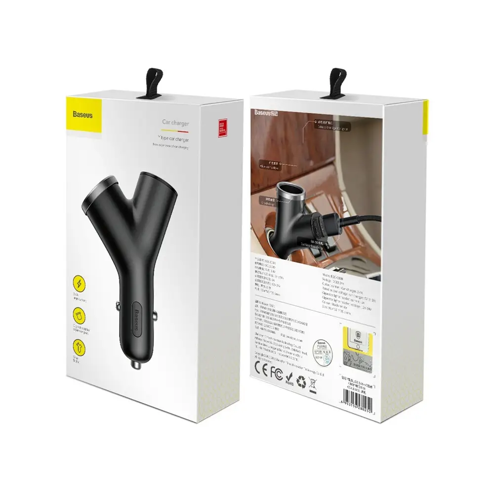 Baseus Y-Type USB + Cigarette Lighter Extended 3.4A 2USB Car Charger (black)