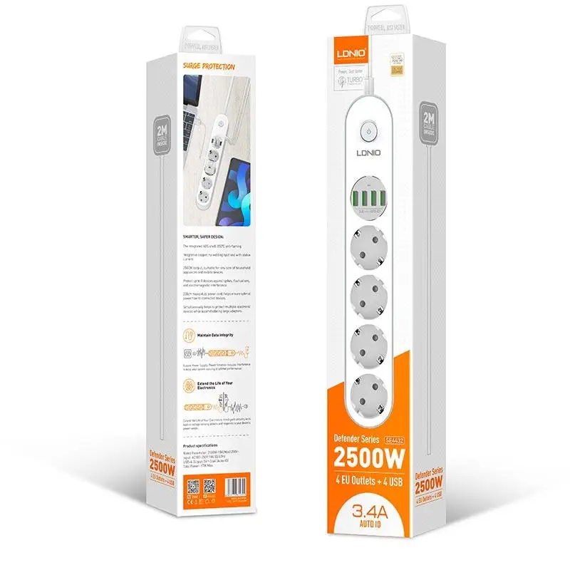 Подовжувач Ldnio SE4432 (EU, 2500W, 10A, довжина шнура: 2.0m, 4usb port, 3.4A) \ white