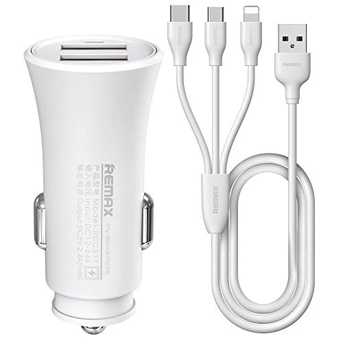 Car charger REMAX Rocket RCC-217 Set with cable 3-in-1 (Lightning+Micro+Type-C) (2USB, 2.4A) \ black
