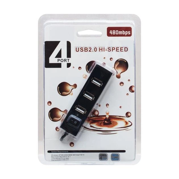 USB-Хаб RS021 4USB 2.0, кнопка, 480 Mbps, Black