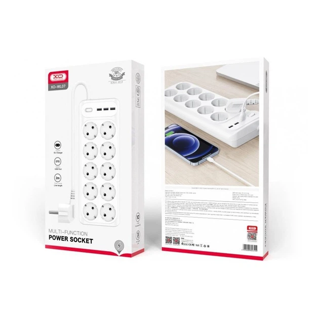 Power strip XO WL07 10-outlet 3USB 3.1A 2m EU (White)