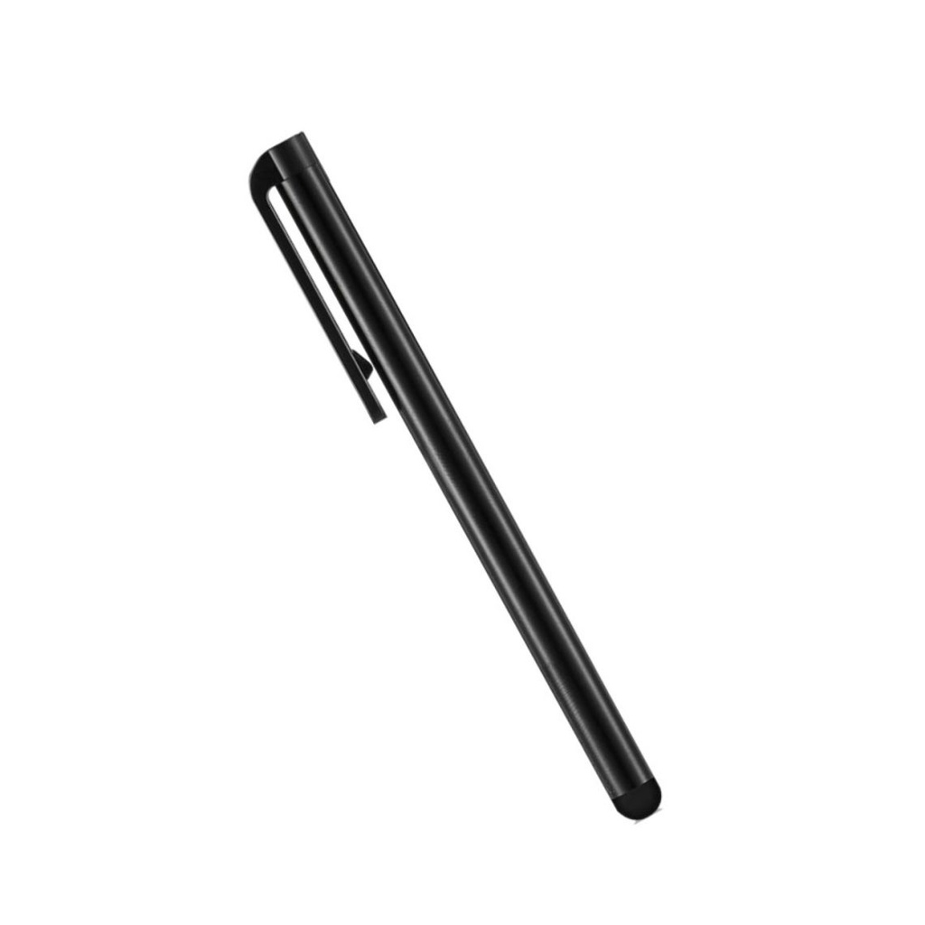 The stylus is capacitive, with a plastic handle, aluminum, black