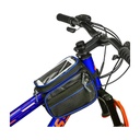 Bike bag with two compartments and phone holder, black and blue