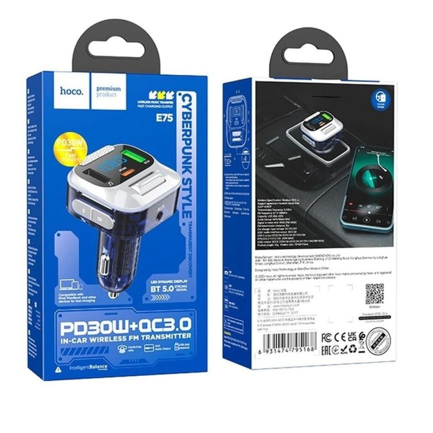 Автомобільне зарядне пристрій Hoco E75 USB QC3.0/PD30W/AUX з FM-модулятором чорний