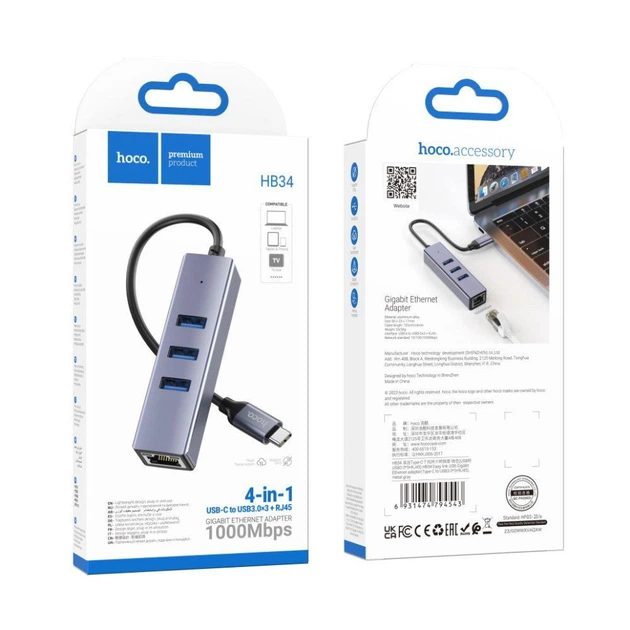 USB Hub Hoco HB34 Easy link Gigabit Ethernet adapter(Type C to USB3.0*3+RJ45) (Gray)