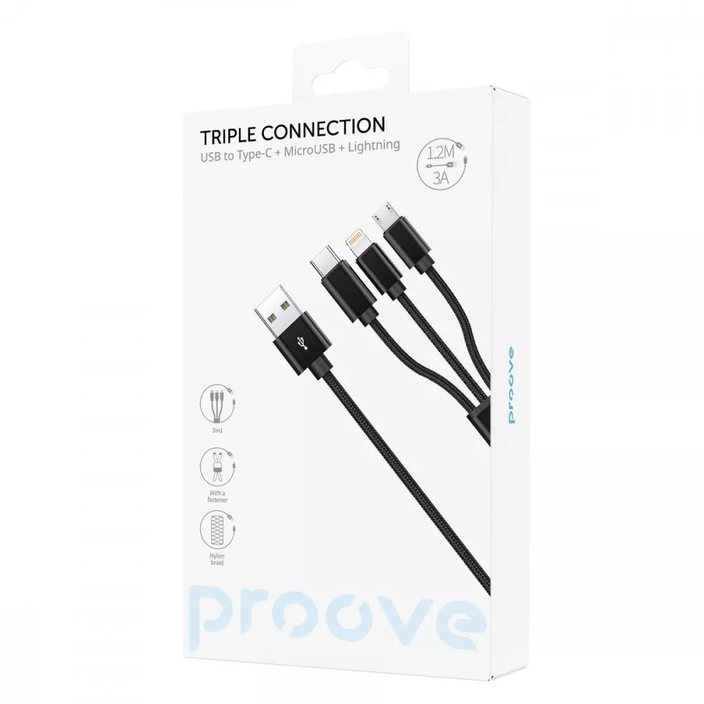 Cable Proove Triple Connection 3 in 1 Type-C + Micro USB + Lightning (1.2m)