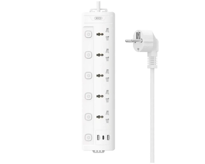Power strip XO WL19 5-outlet+2USB+Type-C 10A/250V 2m (White)