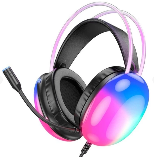 Hoco W109 Plus USB7.1 full-size wired headphones with microphone and backlight, black