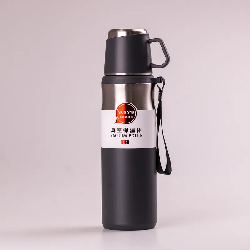 Thermos with cup and strap 600 ml, gray
