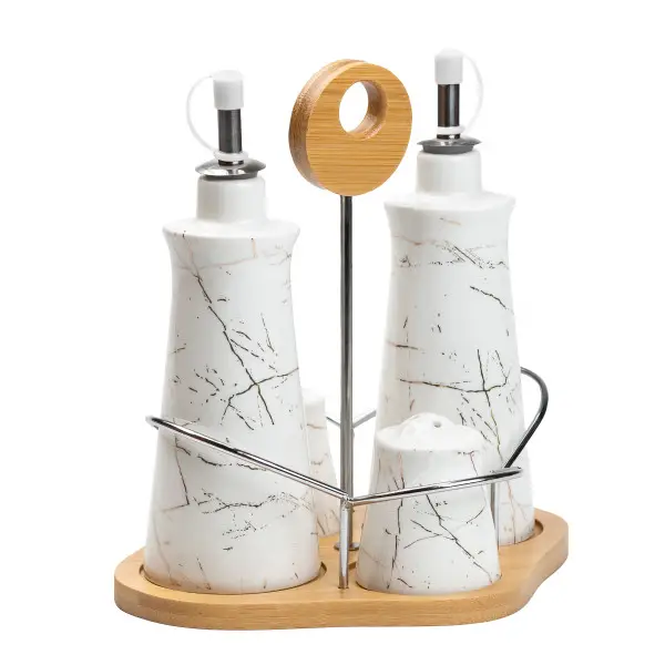 Set for spices and liquid textures 4 items on bamboo stand