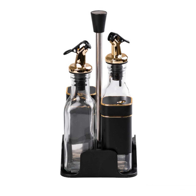 Set for spices and liquid textures on a stand 4 items, black with gold