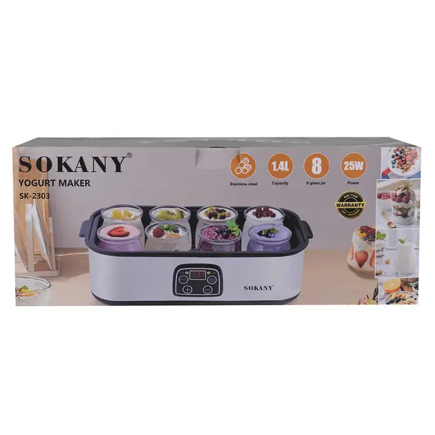 Йогуртниця домашня Sokany SK-2303 на 8 баночок з таймером, сталь.