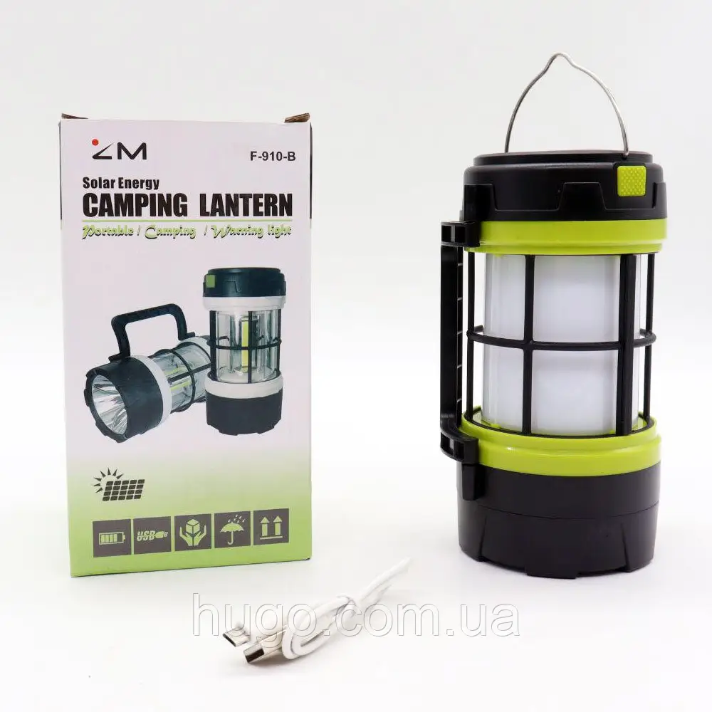Ліхтар 910-LED+COB, Power Bank, Li-Ion аккумулятор, сонячна батарея, ЗУ Micro (Чорний)