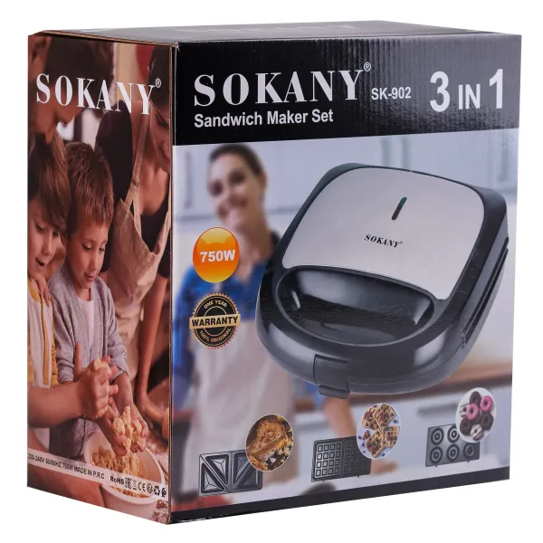 Sokany SK-902 multi-baker with 3 non-stick plates, steel.