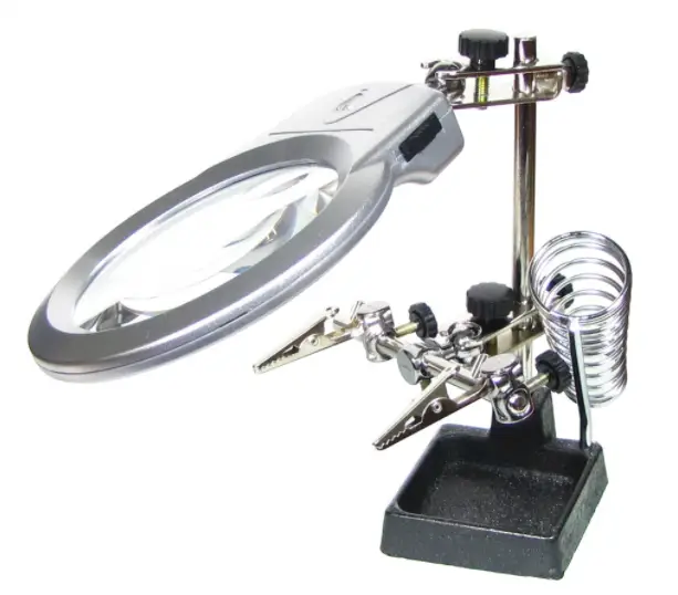 PCB and soldering iron holder MG16129-A with LED lighting and double magnifier (large magnifier d=90 mm, 2x; small magnifier d=21, 6x)