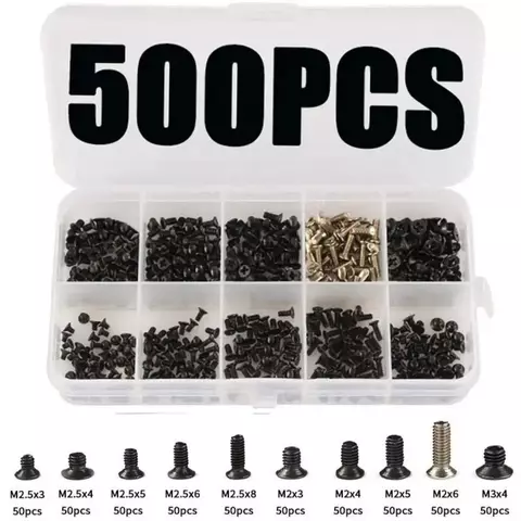 Set of 500 screws for laptops and small appliances in a plastic box.