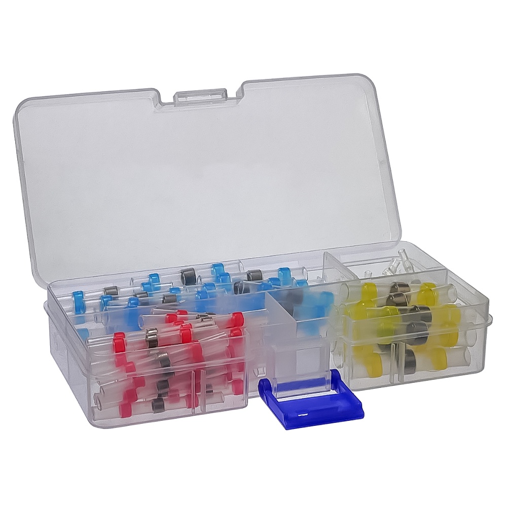 Heat shrink sleeves with solder and glue, set of 100 pcs, in a plastic box.