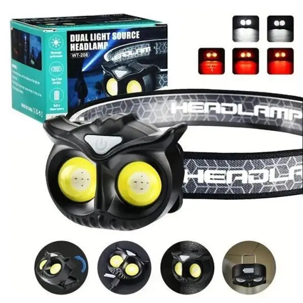 Headlamp WT208-2COB(white+red), Li-Ion battery, magnet, Type-C (Black)