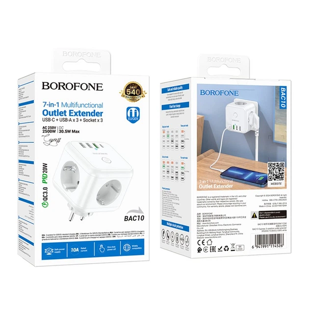 Borofone BAC10 (PD20W/1C3A)(EU) Power Extension Cord (White)