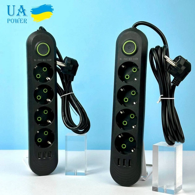 Підовжувач UA Power F04U на 4 розетки + 3USB 4м (Чорний)