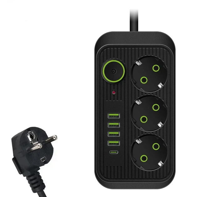 Підовжувач UA Power F09U на 3 розетки + 4USB+Type-C 4м (Чорний)