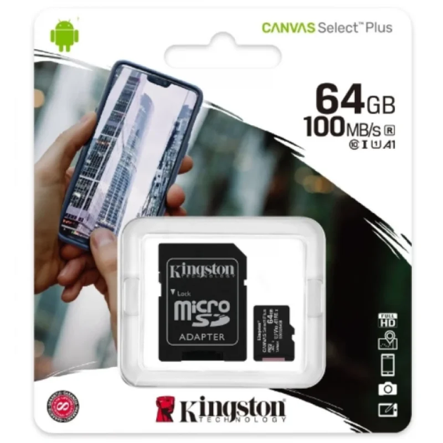 Карта пам'яті Micro SD 64GB (10) (-adapter) Kingston Canvas Select Plus UHS-I