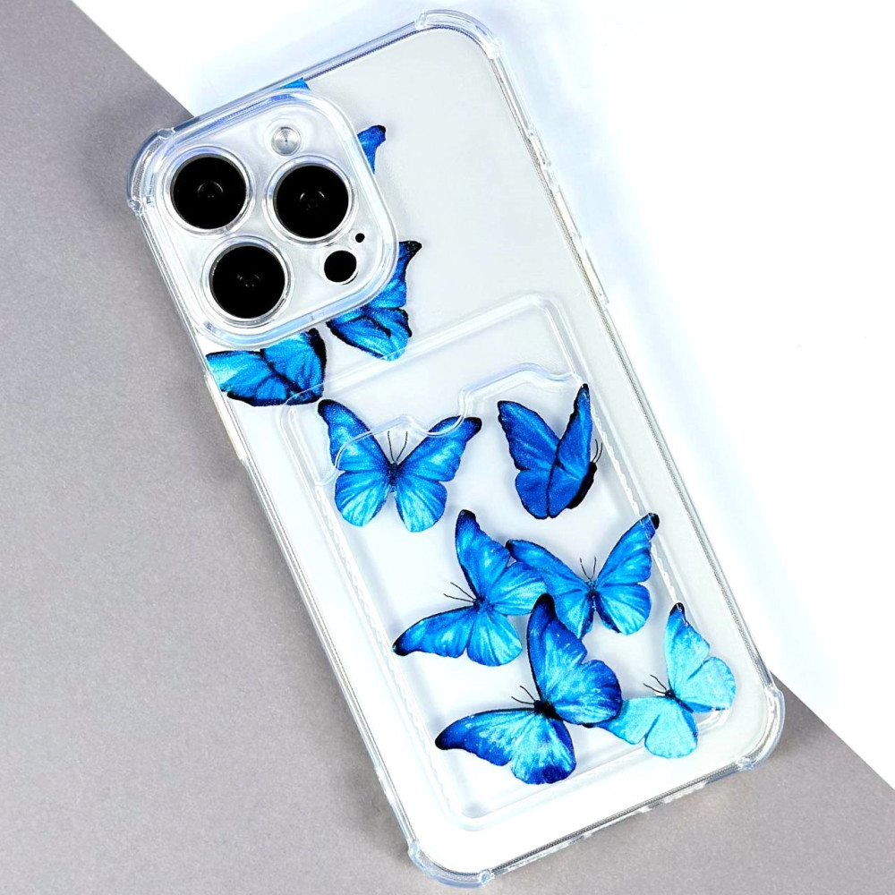 Silicone Transparent With Image Pocket IPhone 16 transparent butterfly blue