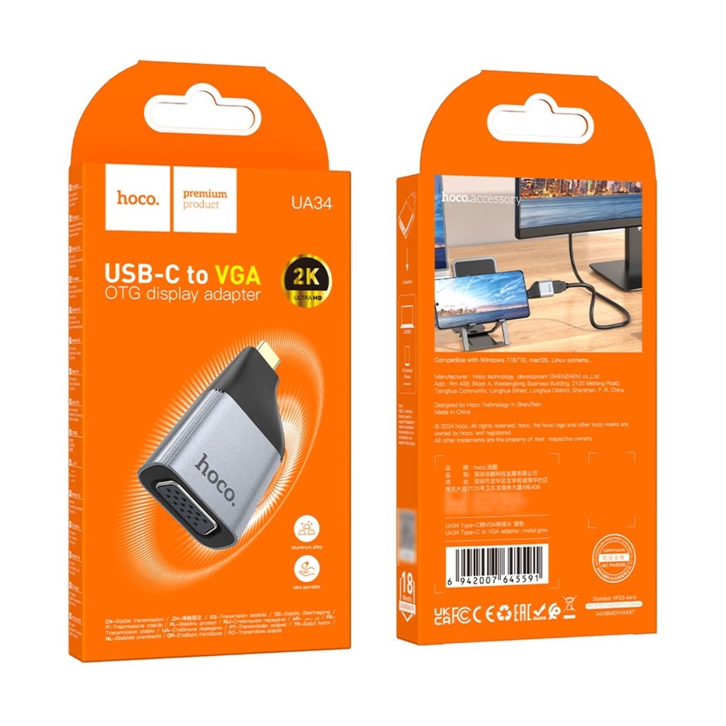 Адаптер перехідник Hoco UA34 Type-C to VGA metal grey