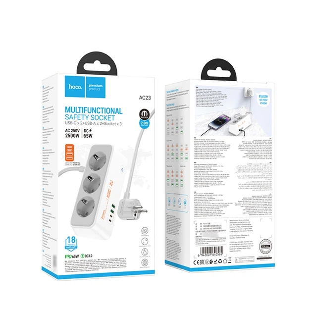 Сітковий зарядний пристрій Hoco AC23 2 USB/2 Type-C PD 65W 3 розетки 2m white