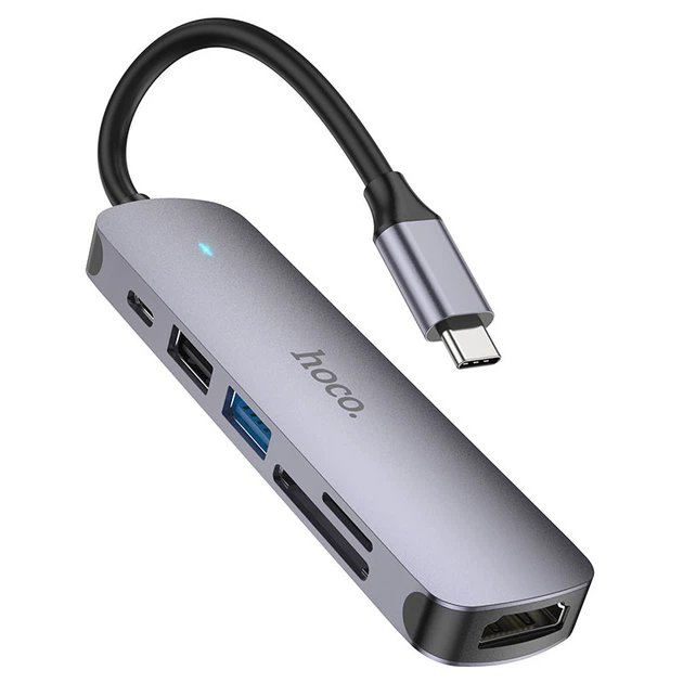 USB Hub Hoco HB24 (HDMI+USB3.0+USB2.0+SD+TF+PD) темно-сріблястий