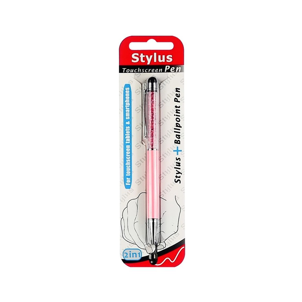 The stylus is capacious, with a ballpoint pen, metal, pink with pink crystals