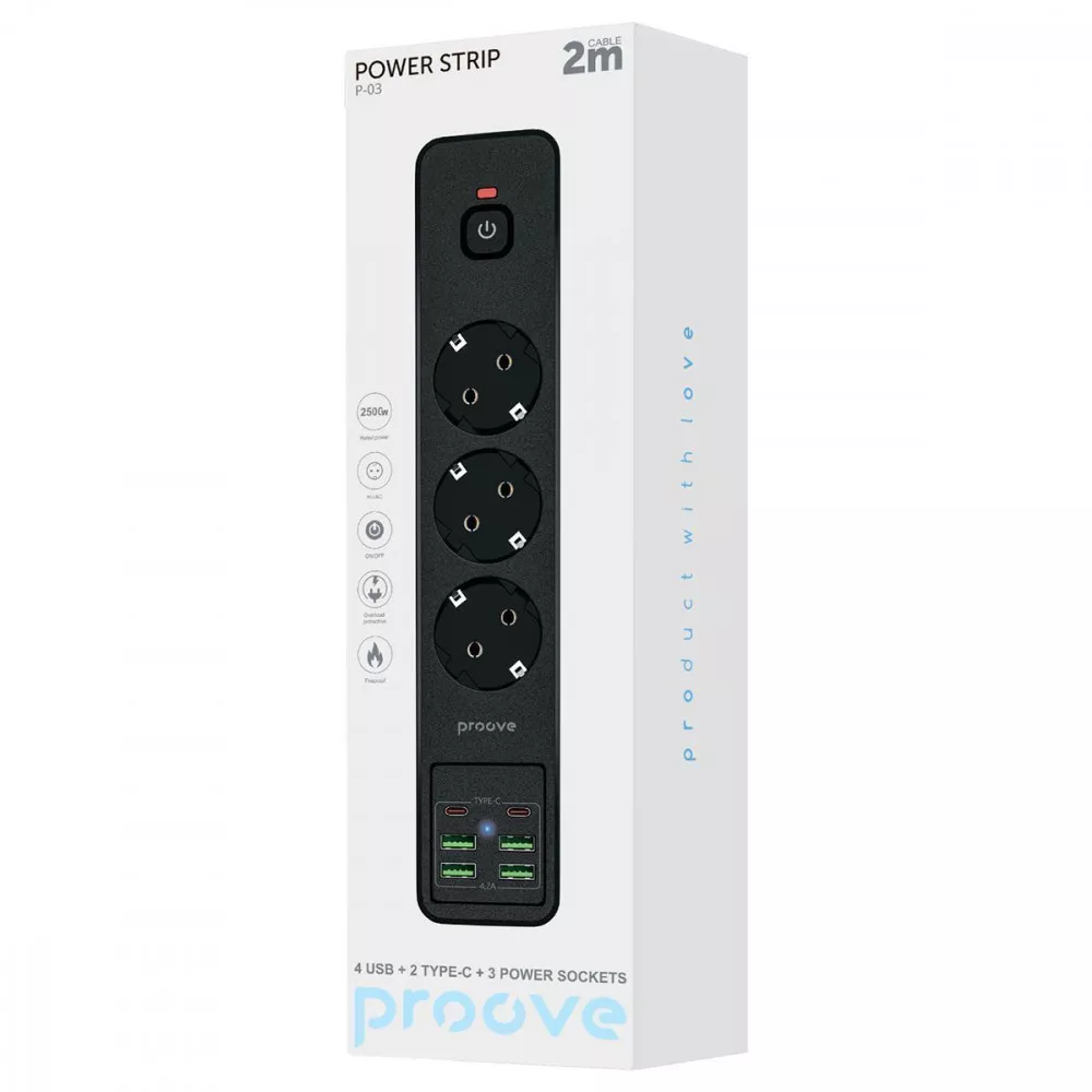 Мережевий фільтр Proove Power Socket P-03 (3 розетки + 4 USB + 2 Type-C) 2М