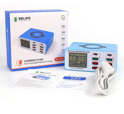 [10002577] Relife RL-304S charger, 6 USB, 2 Type-C, wireless charging, Fast Charger, 5A, 45W, charging current indicator, short circuit protection