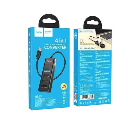 [37034] USB-Хаб Hoco HB25 4 in 1 (Type-C to 1хUSB3.0 + 3хUSB2.0) (black)