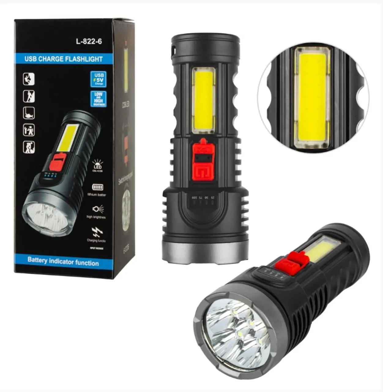 [77713383] Ліхтар ручний L-822 LED із зарядкою від USB + бічним світлом COB