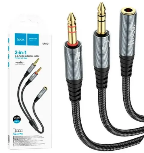[6931474766809] AUX Hoco UPA21 2in1 3.5mm headset audio adapter cable (male to 2 *female) (Сірий)