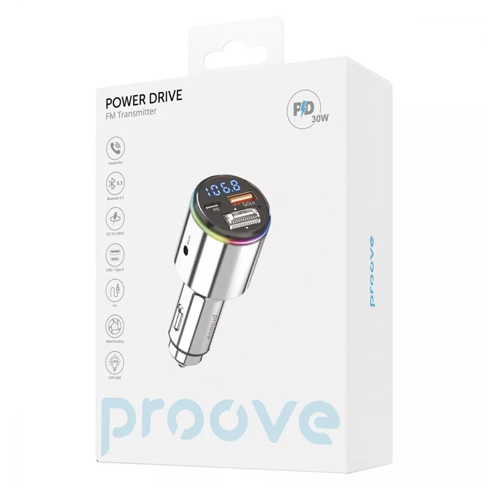 [50882] АЗП Proove FM Launcher Power Drive 30W (PD+QC3.0) Type-C+USB (silver)