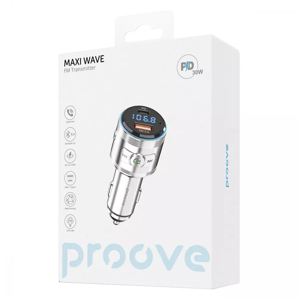[50883] АЗП Proove FM Launcher Maxi Wave 30W (PD+QC3.0) Type-C+USB (silver)