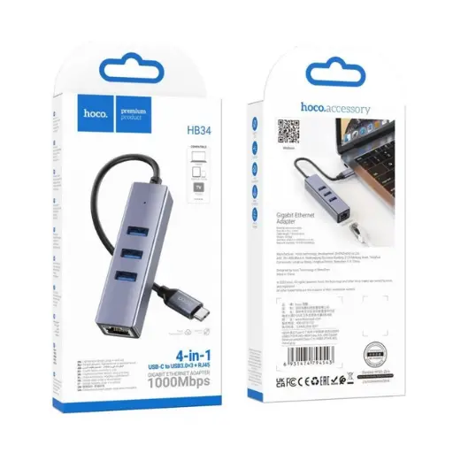 [6931474794543] Хаб USB Hoco HB34 Easy link Gigabit Ethernet adapter(Type C to USB3.0*3+RJ45) (Сірий)