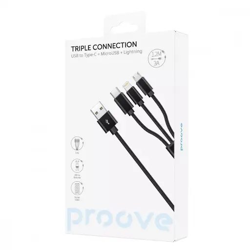 [49192] Cable Proove Triple Connection 3 in 1 Type-C + Micro USB + Lightning (1.2m)