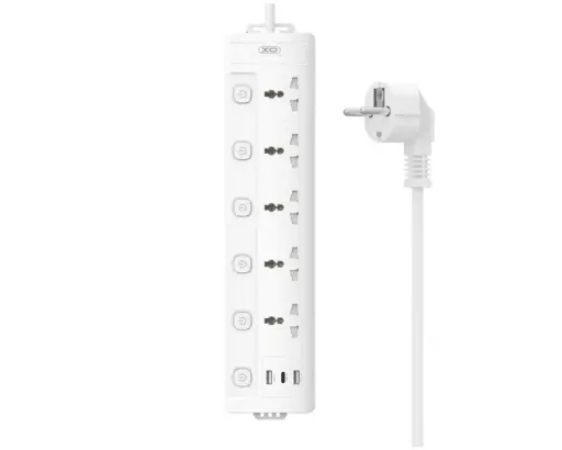 [43337] Сітковий підовжувач XO WL19 на 5 розеток+2USB+Type-C 10A/250V 2m (Білий)