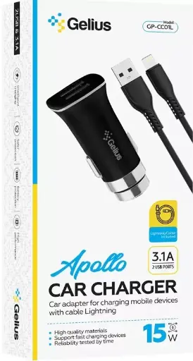 [92661] Автомобільне зарядне пристрій Gelius Apollo GP-CC01 2USB 3.1A 15W + кабель Type-C Black