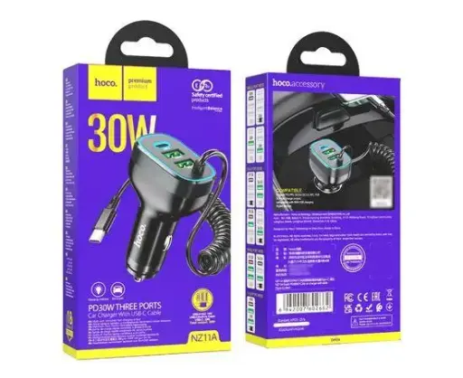 [43536] Car charger Hoco NZ11A 2USB/ Type-C PD 30W black + Type-C cable
