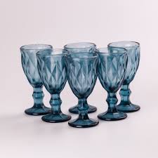 [4821000160718] Stemmed glass for strong drinks, figured, faceted, made of thick glass, set of 6 pieces, blue